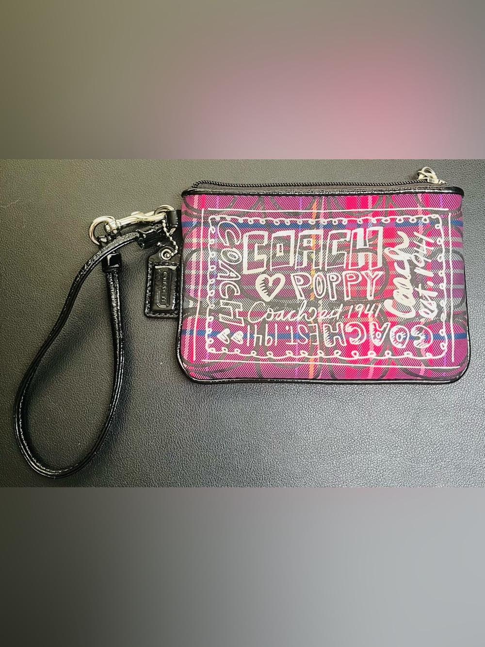 COACH Poppy Pink Graffiti Wristlet - EUC